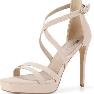 Women Heels Nude Nubuck 4.25 Inch Platform Open Toe Square Toe Strap